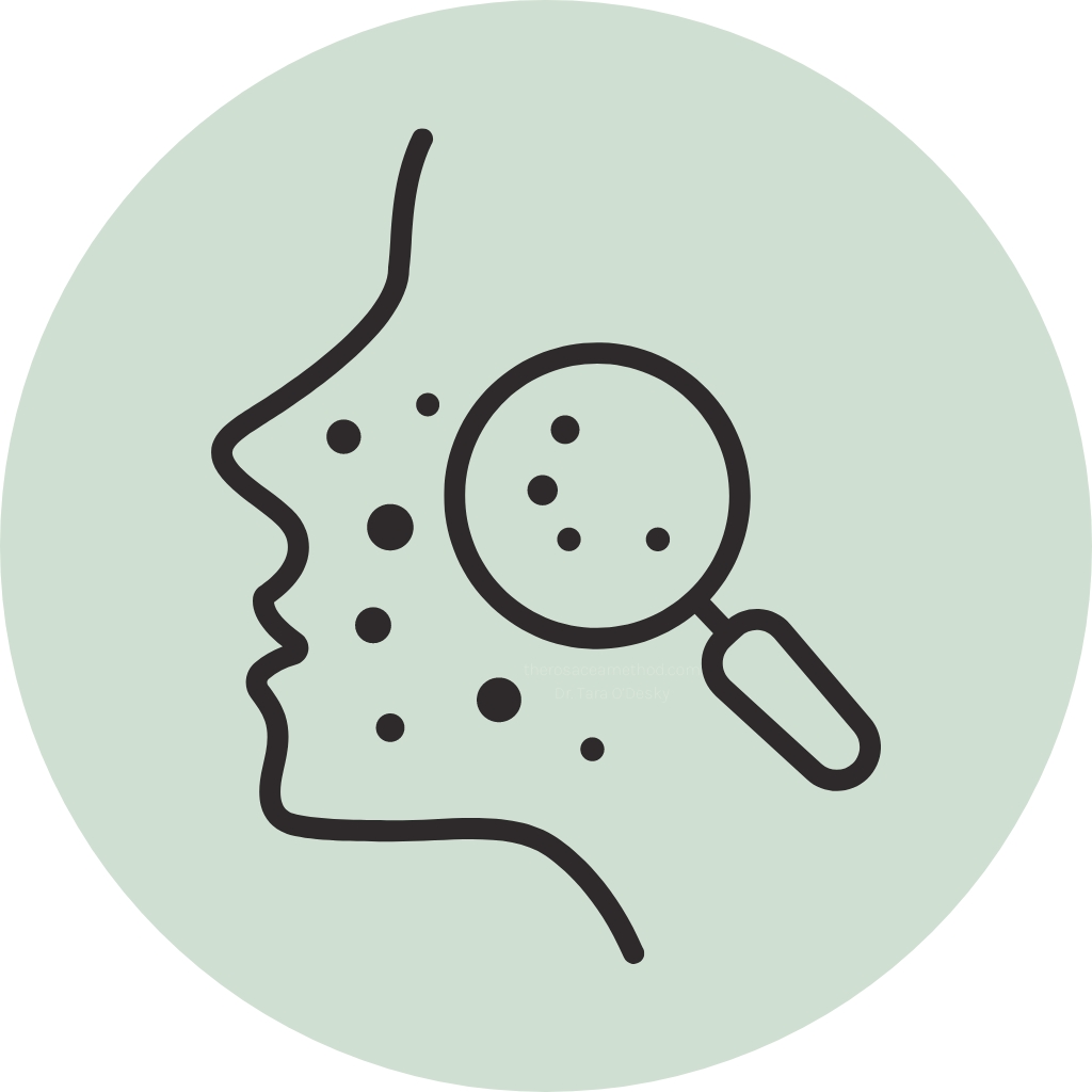 Icon of a face with a magnifying glass focusing on the cheek, highlighting fewer and less intense die-off cycles, signs demodex mites are dying.