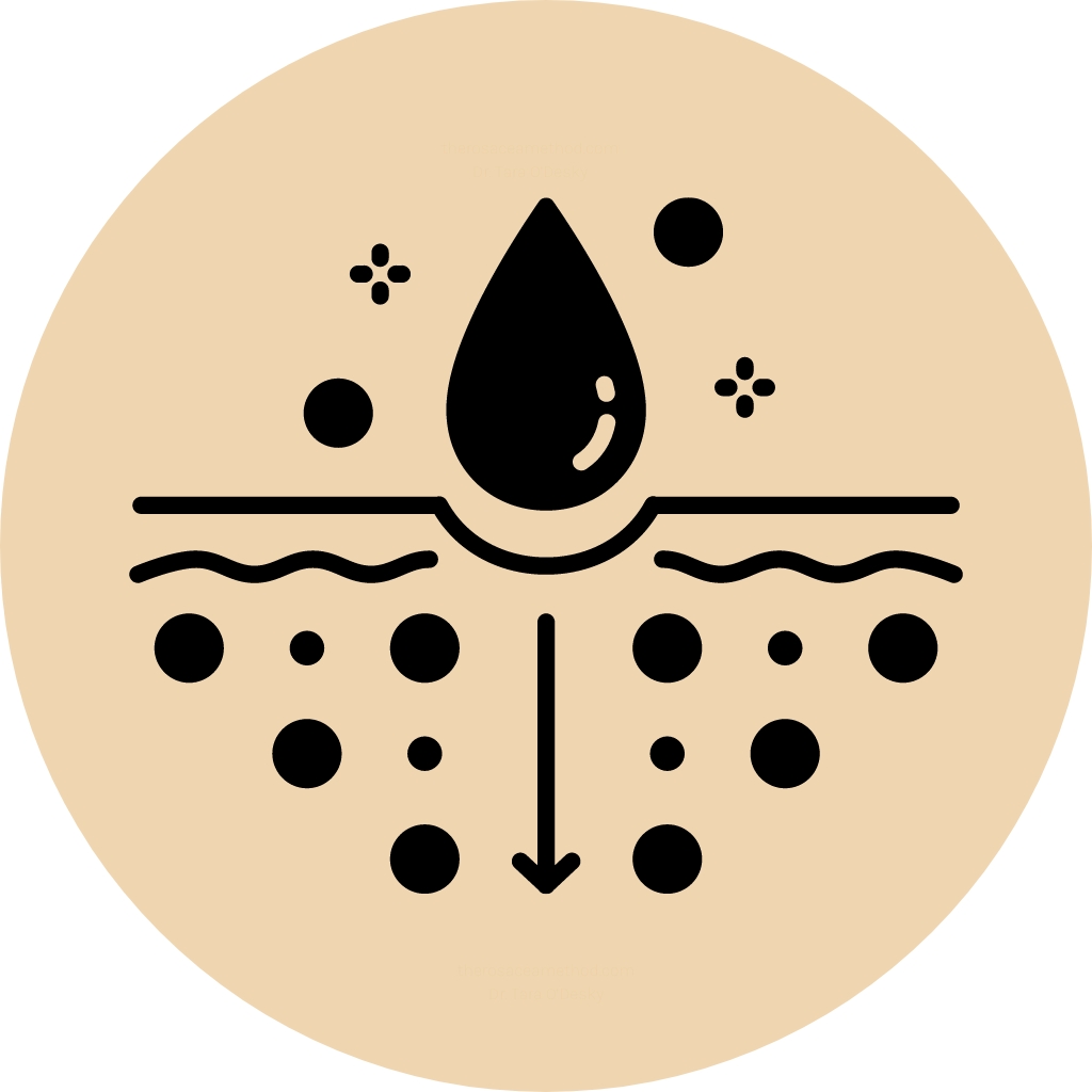 "Illustration showing a drop symbol above the skin, representing the hydration process which is crucial when managing skin recovery, one of the signs demodex mites are dying