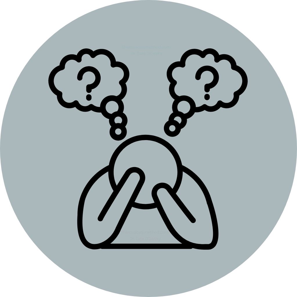 Illustration of a figure with question mark thought bubbles, symbolizing the emotional stress triggers in treating ocular rosacea and the importance of stress management in rosacea care.