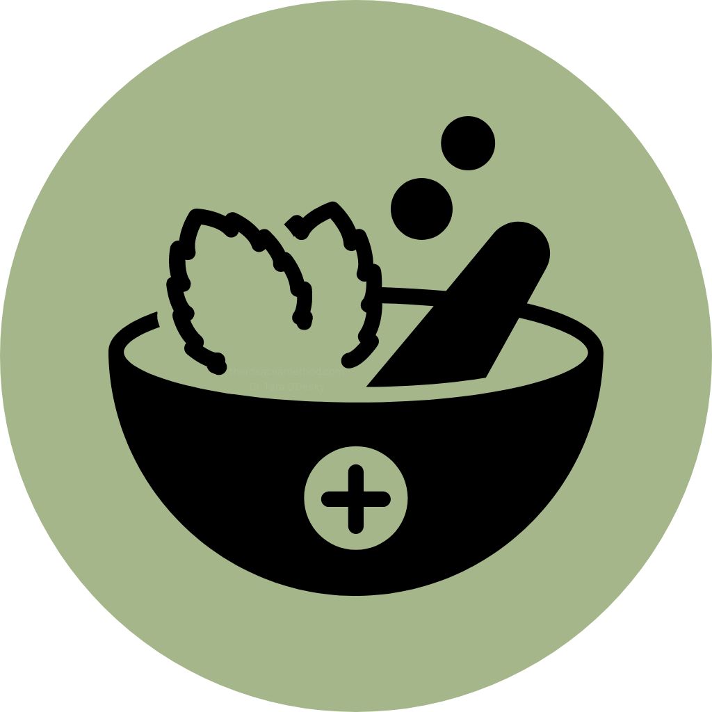 Graphic of a mortar and pestle with herbal leaves, indicating home remedies used to treat ocular rosacea, highlighting the natural treatment aspect of rosacea management.