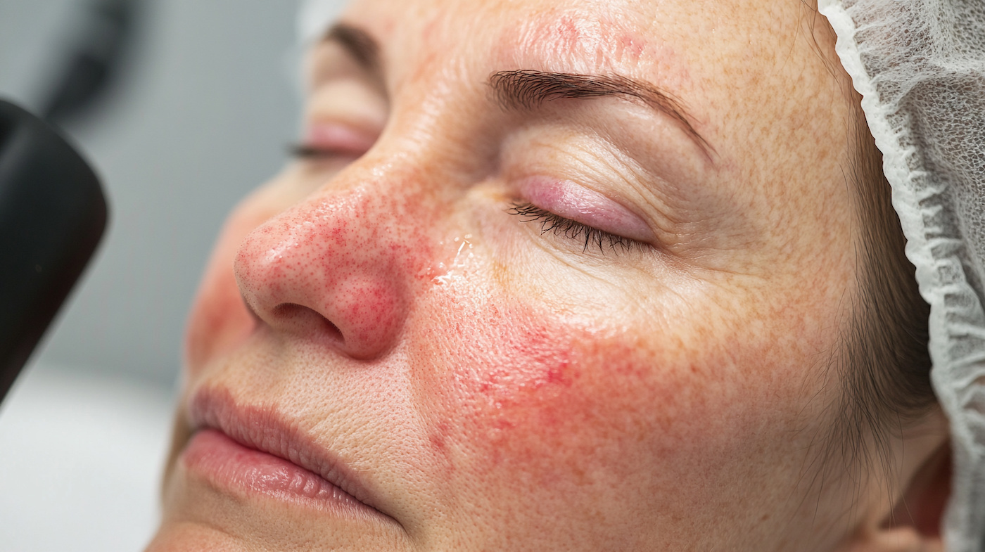 Woman with facial redness and inflammation, potentially linked to demodex mites in eyelashes, showcasing visible symptoms of rosacea.